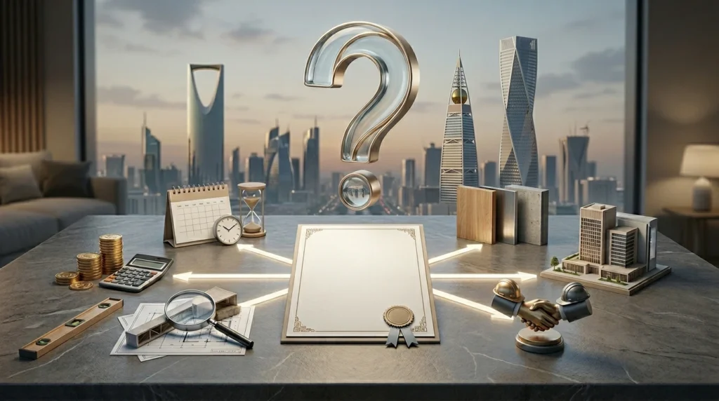 تصميم يوضح أسئلة يجب طرحها قبل التعاقد مع مقاول في الرياض، حيث يظهر عقد بناء في مركز المشهد وتتفرع منه مسارات منظمة نحو عناصر تمثل التكلفة والمدة والجودة والمواد والمشاريع السابقة والضمان، مع مجسم علامة استفهام أنيق في الأعلى