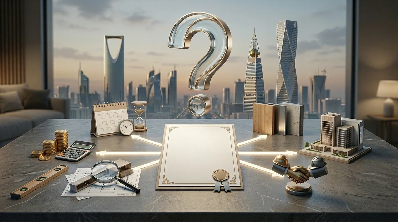 تصميم يوضح أسئلة يجب طرحها قبل التعاقد مع مقاول في الرياض، حيث يظهر عقد بناء في مركز المشهد وتتفرع منه مسارات منظمة نحو عناصر تمثل التكلفة والمدة والجودة والمواد والمشاريع السابقة والضمان، مع مجسم علامة استفهام أنيق في الأعلى