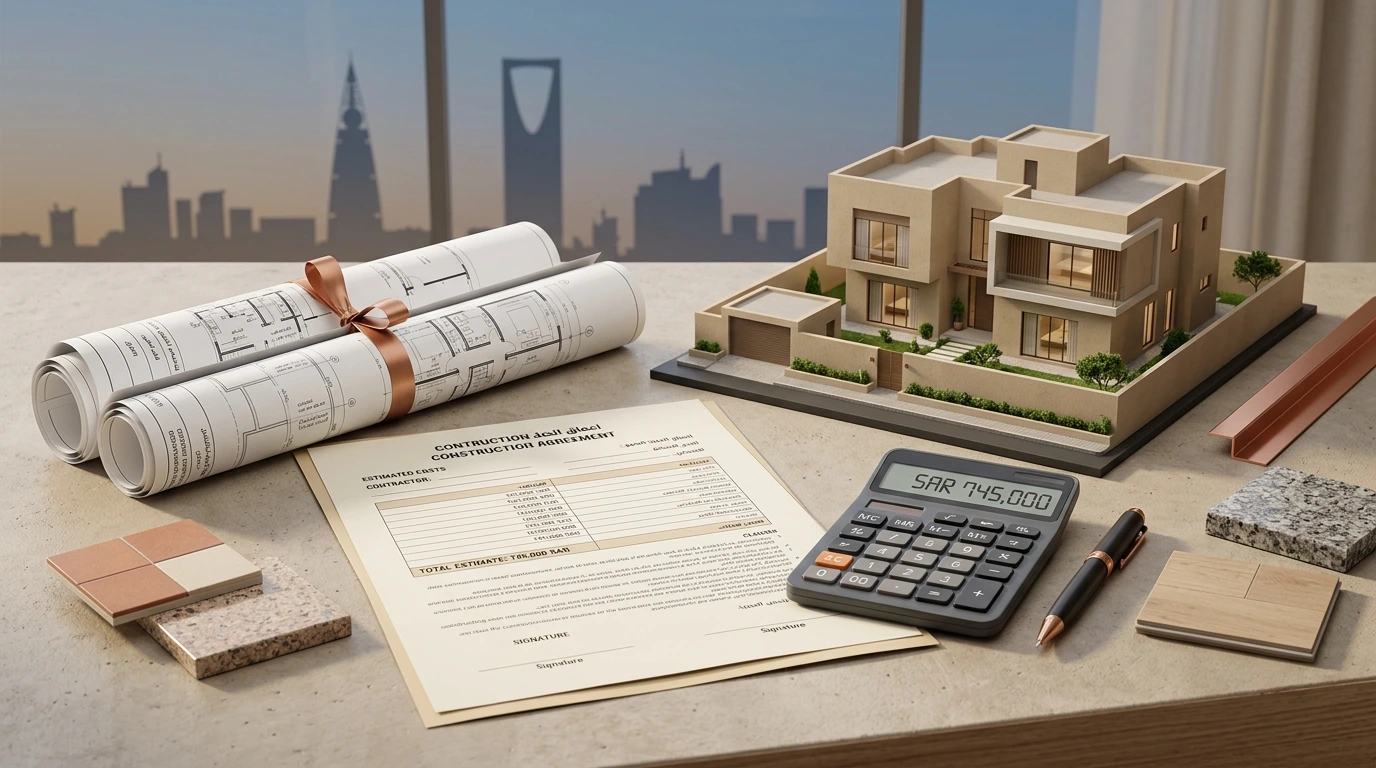 تصميم يوضح تكلفة التعاقد مع مقاول في الرياض من خلال عرض عقد بناء ومخططات هندسية وآلة حاسبة وعينات مواد ونموذج فيلا حديثة ضمن ترتيب احترافي يعبر عن مراجعة التكاليف قبل التعاقد