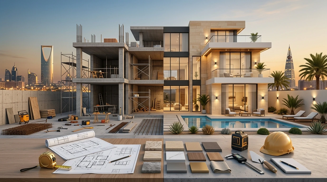 مقاول في الرياض يشرف على مشروع سكني حديث يمر بمراحل البناء والتشطيب مع مخططات هندسية ومواد بناء مرتبة بشكل احترافي