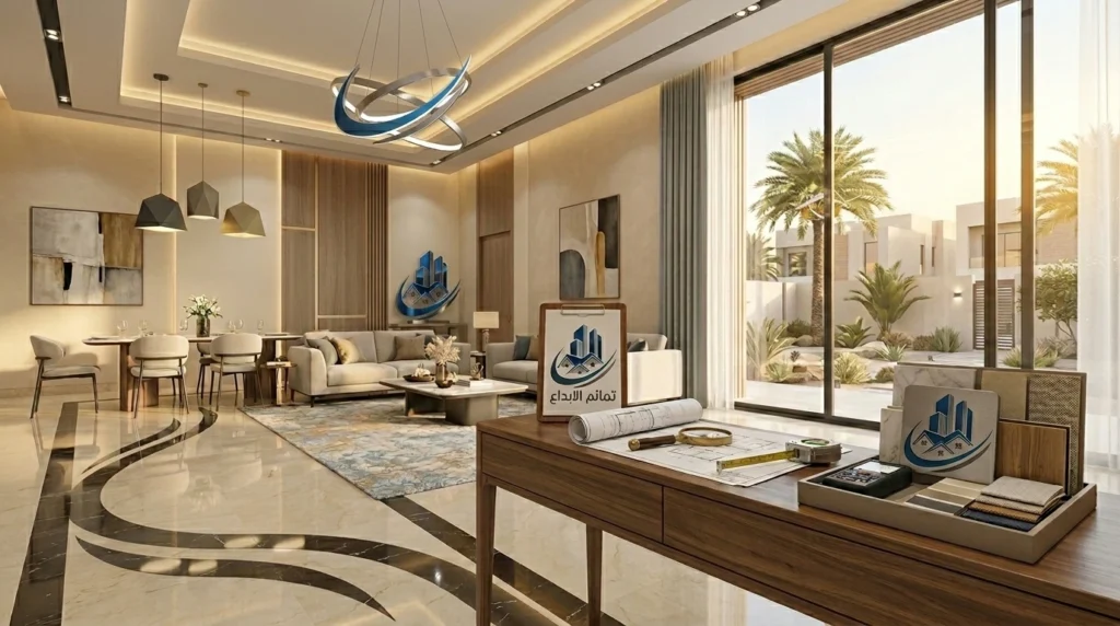 تصميم يوضح استلام مشروع تشطيب فاخر من مقاول تشطيب بالرياض، مع أرضيات مصقولة وجدران أنيقة وإضاءة حديثة وعينات مواد ومخططات وأدوات فحص ترمز إلى التأكد من جودة التشطيب قبل الاستلام