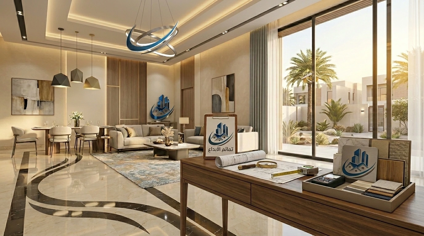تصميم يوضح استلام مشروع تشطيب فاخر من مقاول تشطيب بالرياض، مع أرضيات مصقولة وجدران أنيقة وإضاءة حديثة وعينات مواد ومخططات وأدوات فحص ترمز إلى التأكد من جودة التشطيب قبل الاستلام