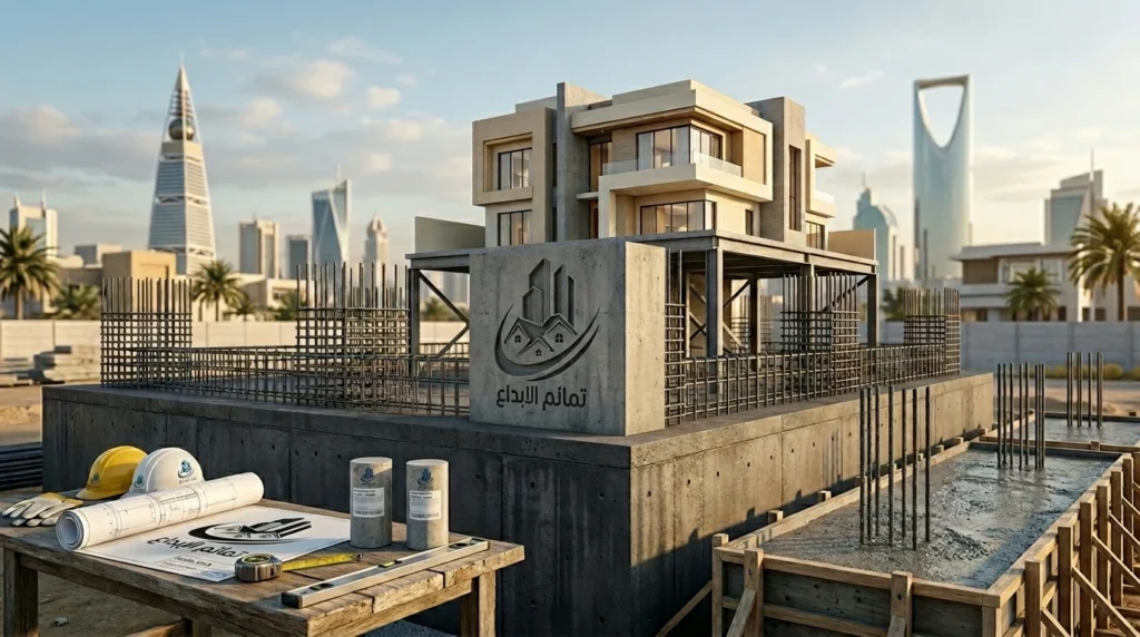 تصميم يوضح تأثير جودة الصب الخرساني على عمر المبنى، حيث يظهر أساس خرساني مسلح ينتقل بصريًا من مرحلة الصب إلى فيلا مستقرة مكتملة، في مشهد يعبّر عن دور مقاول خرسانة في الرياض في تنفيذ أساس قوي وآمن.